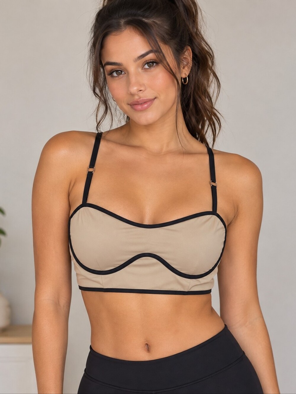 J80 Fit Beige Bralette Crop Top Black Trim Adjustable Straps Sweetheart Size S
